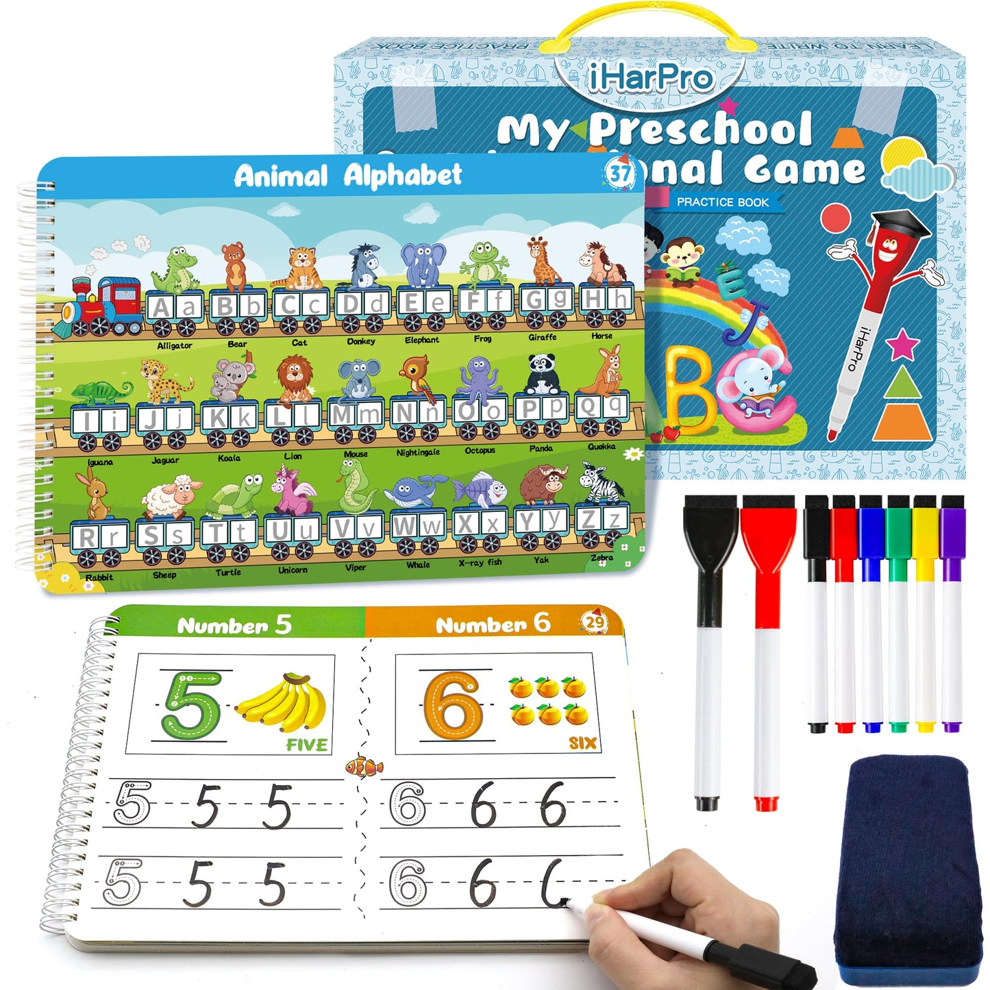 Handwriting Practice Tracing Books for Kids Ages 3-5, Montessori Preschool Learning Activity, Autism Educational Learn Number Letters Shapes Animal & Sight Words Workbook with 8 Dry Erase Markers