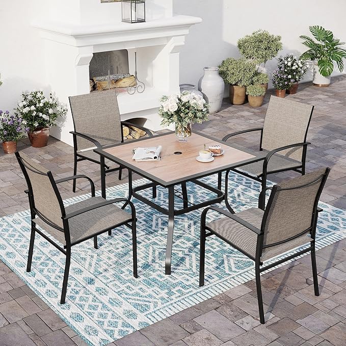 5 Piece Patio Dining Set for 4, 37”x37” Square Table (PVC Wood-Like Table Top) with 1.57" Umbrella Hole, 4 Metal Brown Chairs, Outdoor Table and Chairs Set for Lawn Backyard and Deck