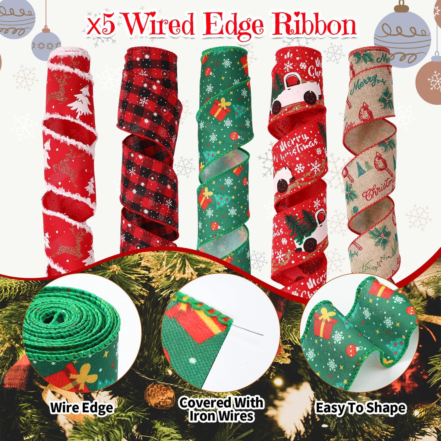 Woanger 10 Rolls Christmas Ribbon Include 5 Roll Wreath Mesh Ribbon Decor 5 Roll Christmas Wired Ribbon Stripe Rolls Metallic Poly Red Green White Decoration Ribbon for DIY Wrapping Craft Wreath Party