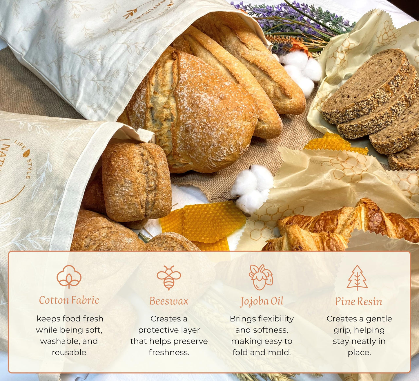 Beeswax Bread Bag for Homemade Bread & Beeswax Wrap Set, 2 XL Sourdough Bread Bags + 2 Beeswax Wraps for Food | Keep Bread Fresh, Breathable, Reusable & Less Waste Storage for Home Bakers (Beige)