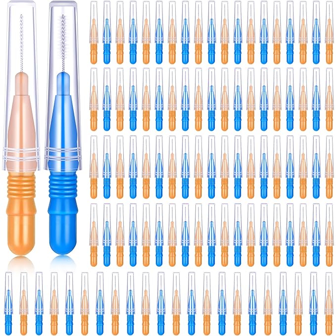 BBTO 100 Pcs Braces Dental Brush Flosser for Cleaner Interdental Brush Toothpick Tooth Flossing Head Oral Dental Toothpick Cleaners Cleaning Tool(Orange and Blue)