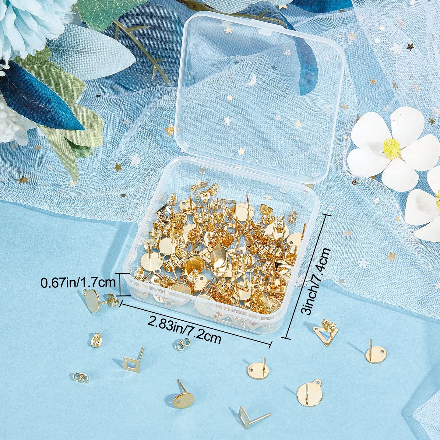 Beebeecraft 1 Box 80Pcs 4 Style 24K Gold Plated Stud Earring Findings Stainless Steel Triangle Oval Rhombus Flat Round Stud Earring Posts with Loop and Ear Nuts for Women Jewelry Making