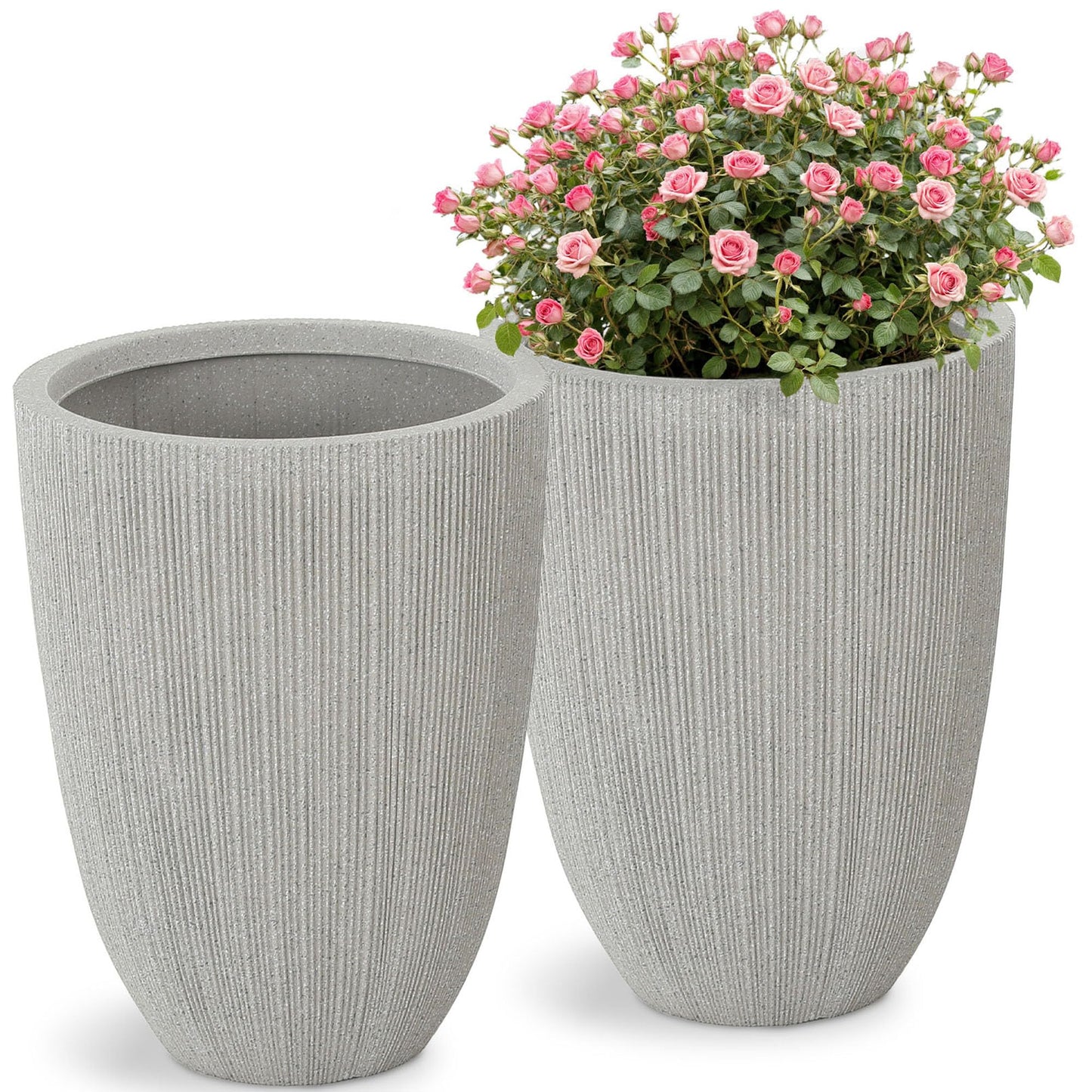 Ultym 19" Tall Beige Fluted Planters for Indoor & Outdoor, Set of 2 Large Mediterranean-Style Resin Flower Pots with Drainage Holes, UV & Weather Resistant for Patio Porch Home Office Decor