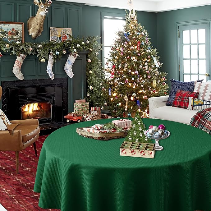 Biscaynebay Round Christmas Tablecloths 60" for Round Tables diameters from 28" to 48", Hunter Green Fabric Water Resistant Folding Table Covers Washable for Dining, Kitchen, Wedding, Parties