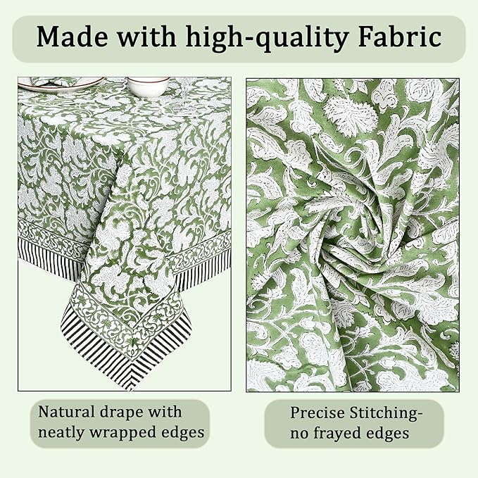 Ridhi Hand Block Print Sage Green Rectangle Cotton Tablecloth 118" x 70" Reusable Table Cover Decorative Everyday Use for Dining, Farmhouse, Home Gift for Spring, Easter, Valentine