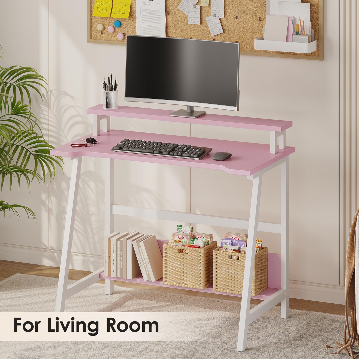 ALISENED 31.5 Inch Small Office Desk with Storage, Small Desk for Small Spaces, Compact Home Office Desk, Mini Study Desk for Bedroom, Pink