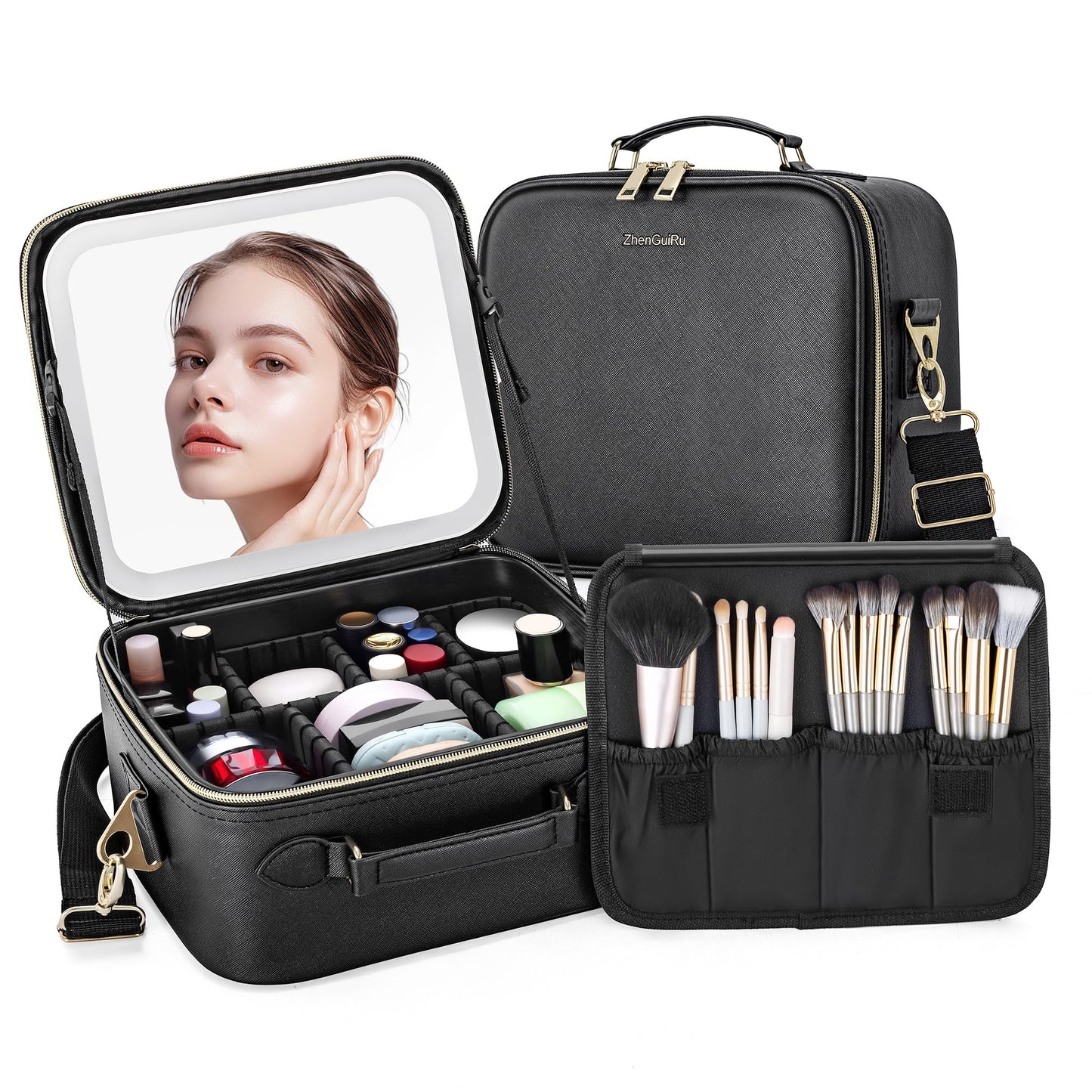 Gdsshuhung LED Makeup Bag with Mirror, Lighted Cosmetic Case with Natural Light, Adjustable Brightness and Soft Lighting, Travel Organizer with Compartments for Women(Black)