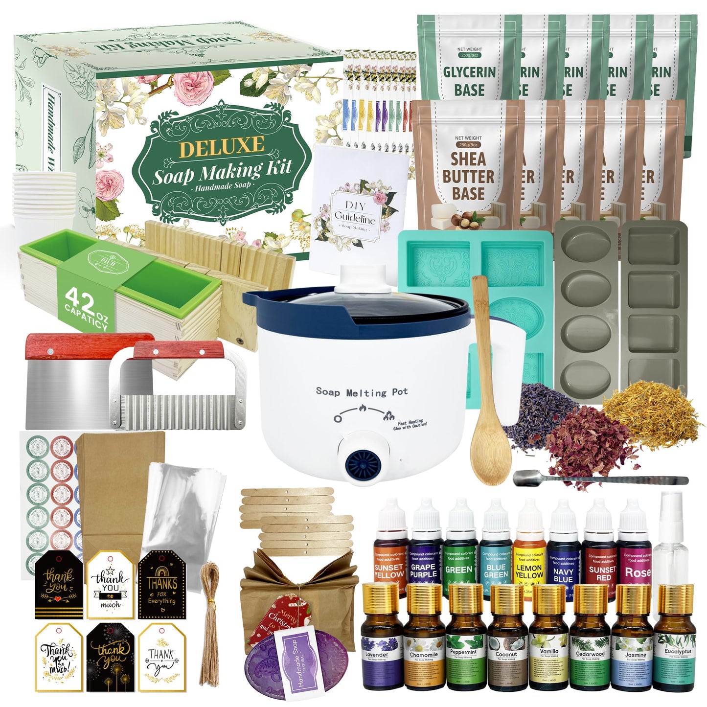 PIUH Deluxe Soap Making Kit for Soap Making, DIY Soaps Making Full Set Kits Includes Soap Melter, 4 lb Soap Base, 8 Essencial Oils, Silicone Loaf Molds & Scraper, Cutters, 8 Dyestuffs for Adults Gift
