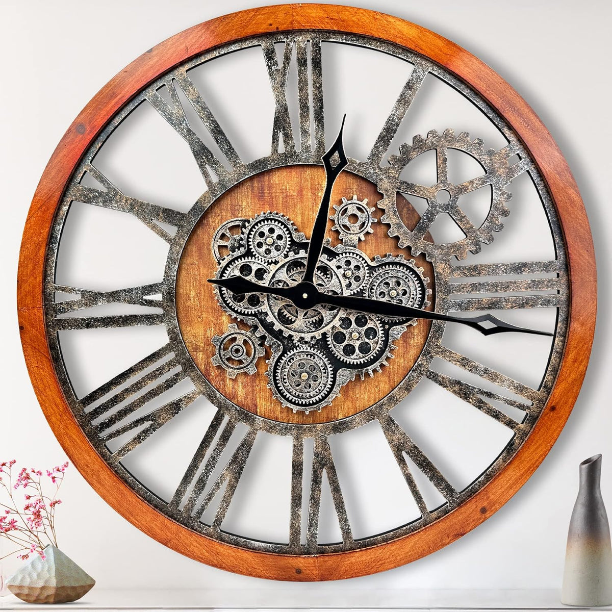 The B-Style 36" Large Moving Gear Wall Clock Oversized Vintage Farmhouse Wall Clocks for Living Room Decor Rustic Industrial Wood Clock (Brwon with Bronze Gears)
