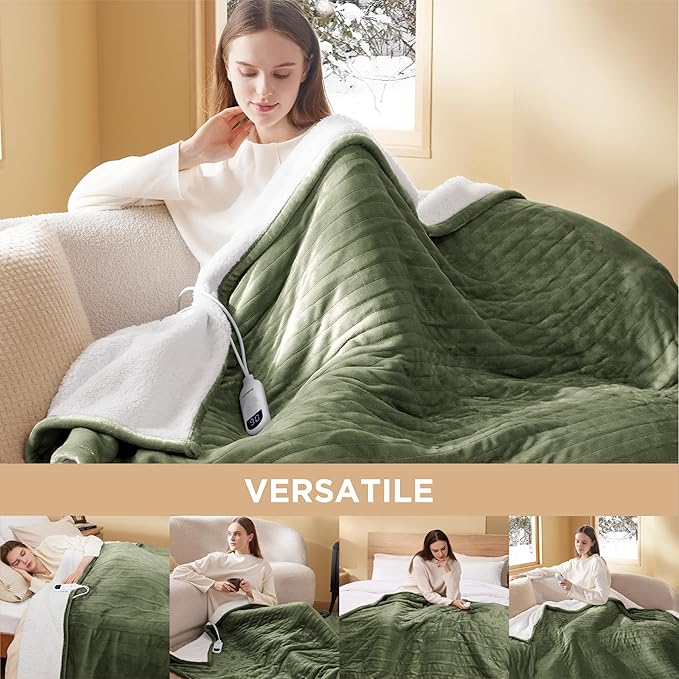 Bedsure Heated Blanket Electric Throw - Soft Flannel Electric Blanket, Heated Throw with 4 Time Settings & 6 Heat Settings, Warm Gift for Grandma (50x60 inches, Olive Green)