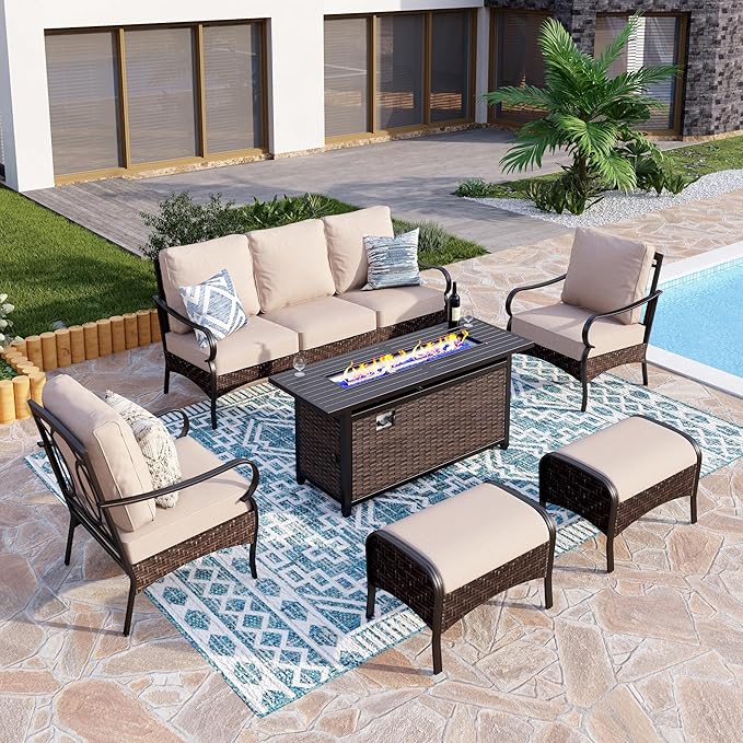 Patio Furniture Set with 56" Fire Pit Table, Premium Outdoor Wicker Metal Frame Furniture with Upgraded Waterproof Thick Cushions for Porch, Poolside, Deck, and Yard （8 Pieces,Beige）