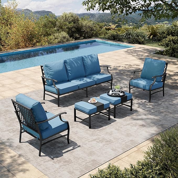 HERA'S HOUSE 5 Piece Patio Furniture Set, 2 x Leg Chair, 2 x Ottoman, 1 x 3-Seat Sofa, All Cushioned 7 Seats Metal Outdoor Conversation Set for Lawn Garden Backyard