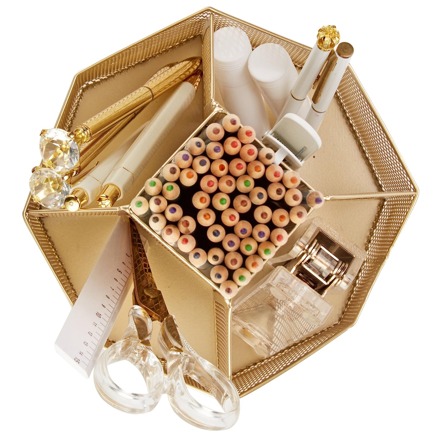 Annova Mesh Desk Organizer Rotate with 5 Compartments Spinning Tidy Candy/Pen Holder Office, Art Supply, Storage, Classroom, Home (Gold)