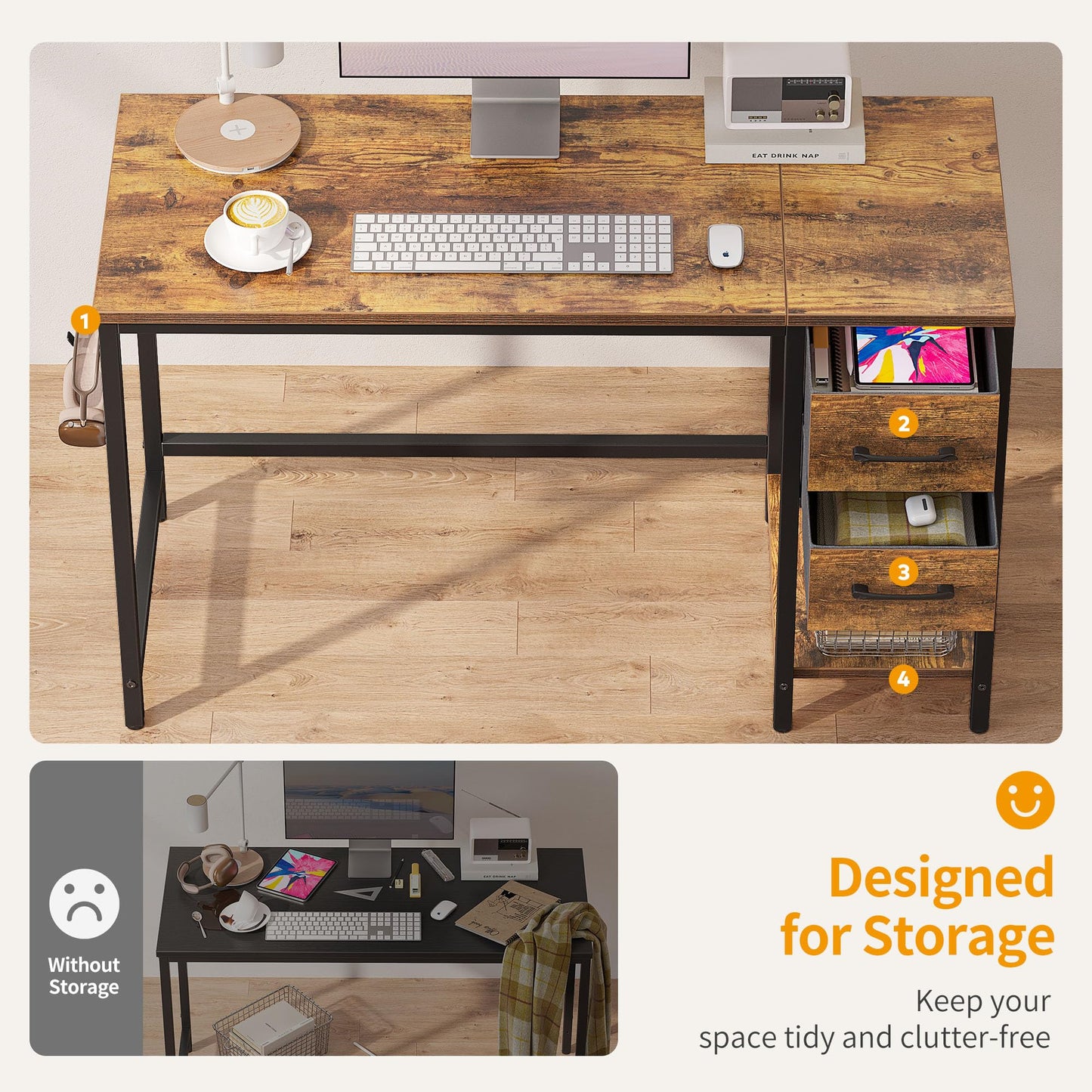 CubiCubi Computer Desk with 2 Drawers, 47 Inch Small Home Office Desk Study Writing Table, Rustic Brown