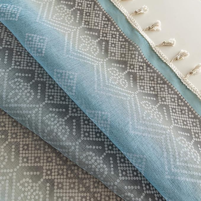 Turquoise Geometric Sheer Curtains 63 inch Long, Fringed Edges and Textured Semi Sheer Curtains Large Window Treatments for Living Room/Bedroom, 2 Panels