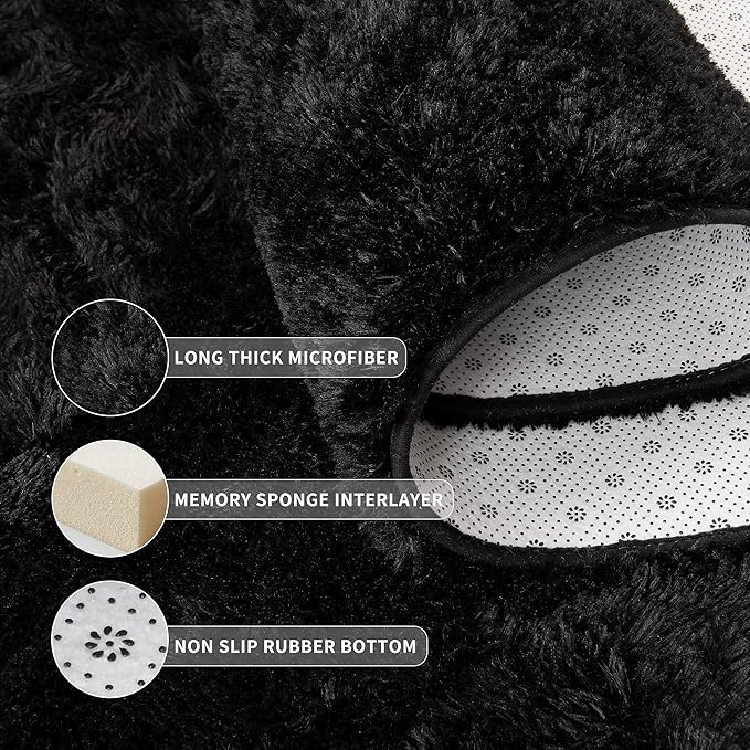 Tepook Super Soft Fluffy Rug for Bedroom, Modern Shaggy Fuzzy Kids Rugs for Living Room, Plush Indoor Nursery Home Decor Dorm Carpet with Non-Slip Bottom, Black, 5 X 8 Feet
