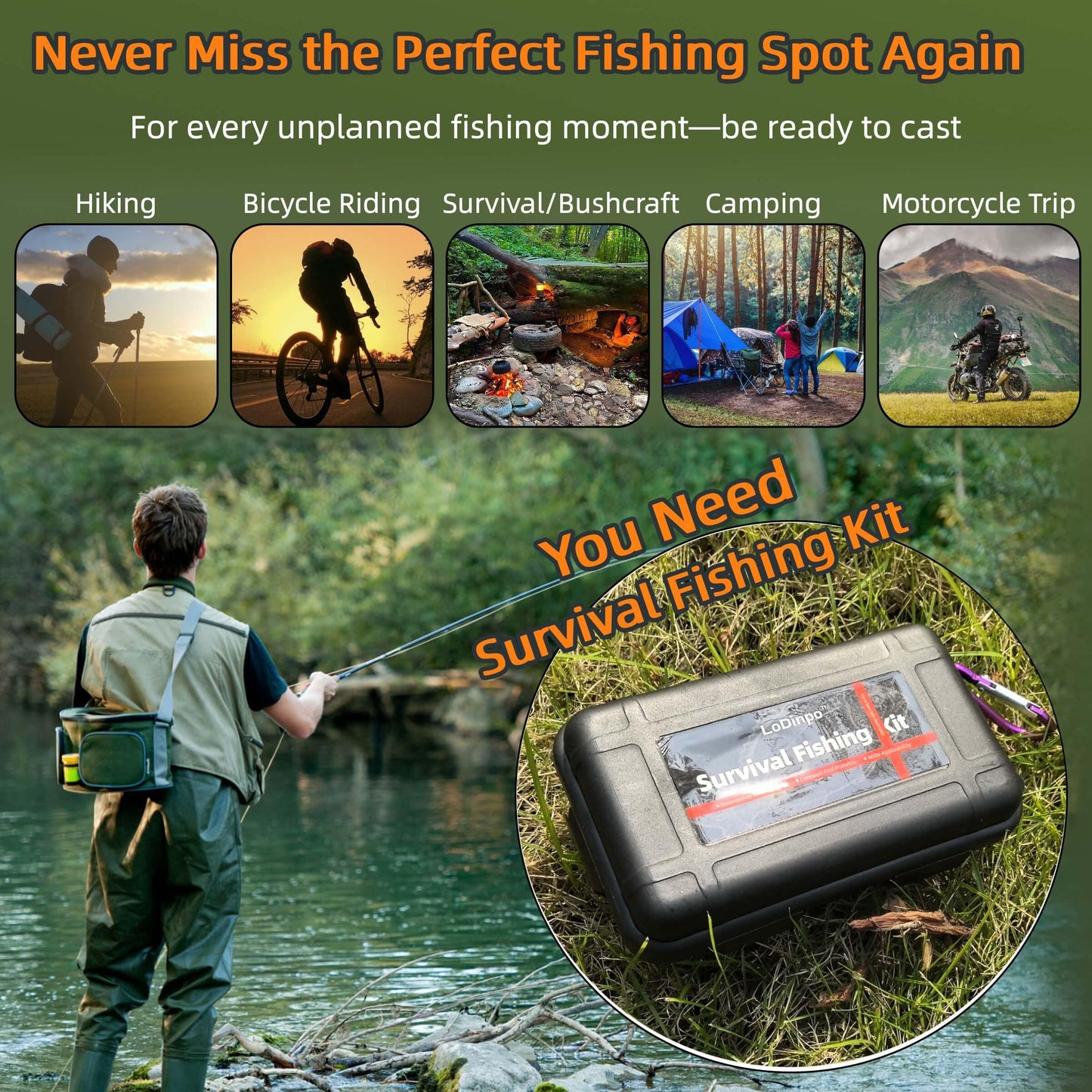 LoDinpo Mini Survival Fishing Kit Compact Emergency Fishing Gear for Camping, Hiking, Bushcraft, Backpacking Small Tackle Box with Hooks, Line, Floats Tools Great Gift for Fishermen, Hikers&Preppers