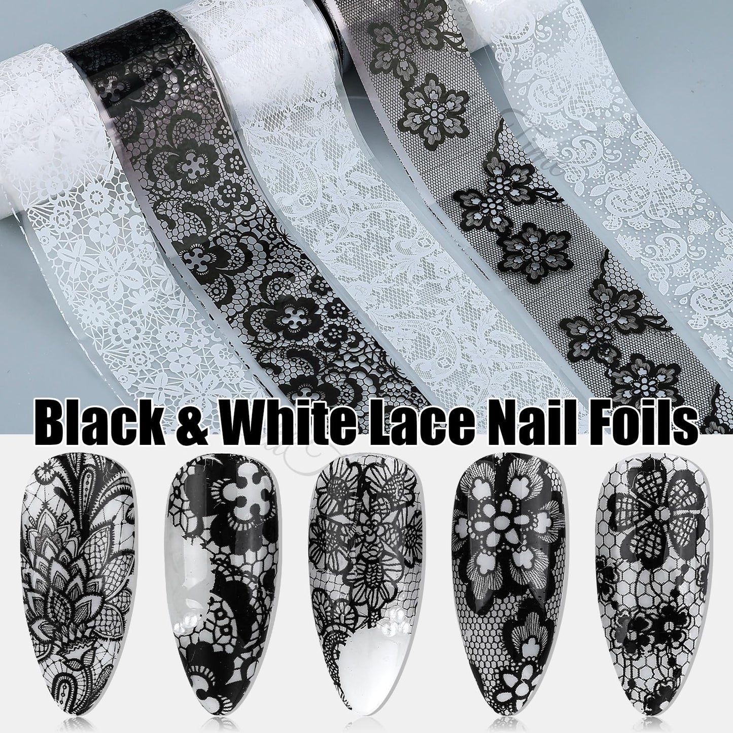 Lace Nail Foil Transfer Sheets, 15 Rolls Black White Flower Nail Art Transfer Foils Decals, Flower Nail Art Foils Decals Holographic Foils for Nails Manicure DIY Nails Decoration (10White+5Black)