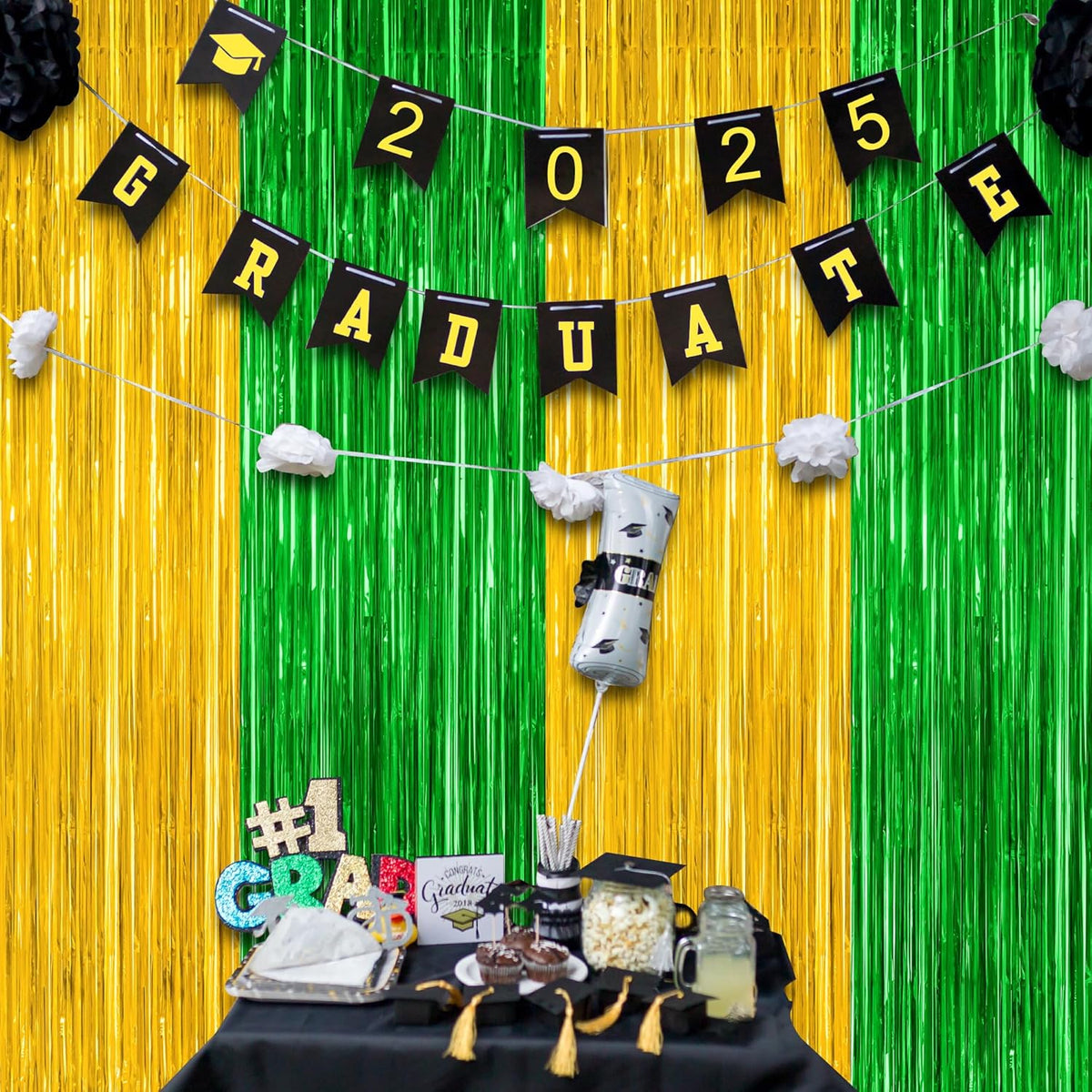 2 Pack Graduation Backdrop, Large Grad Decor 2025, Green Gold Graduation Photo Backdrop Fringe Curtains Party Streamer, Metallic Green and Gold Grad Decorations Class of 2025