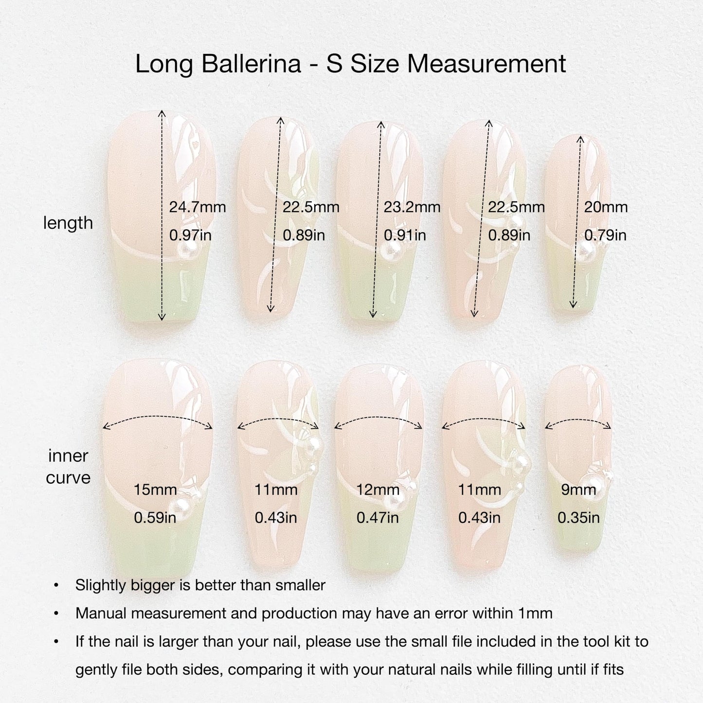 GLORS Long Ballerina Press On Nails, Pearl-Decorated Pink and Green French Tips, Handmade False Nail 10 Pieces (Small,LB)