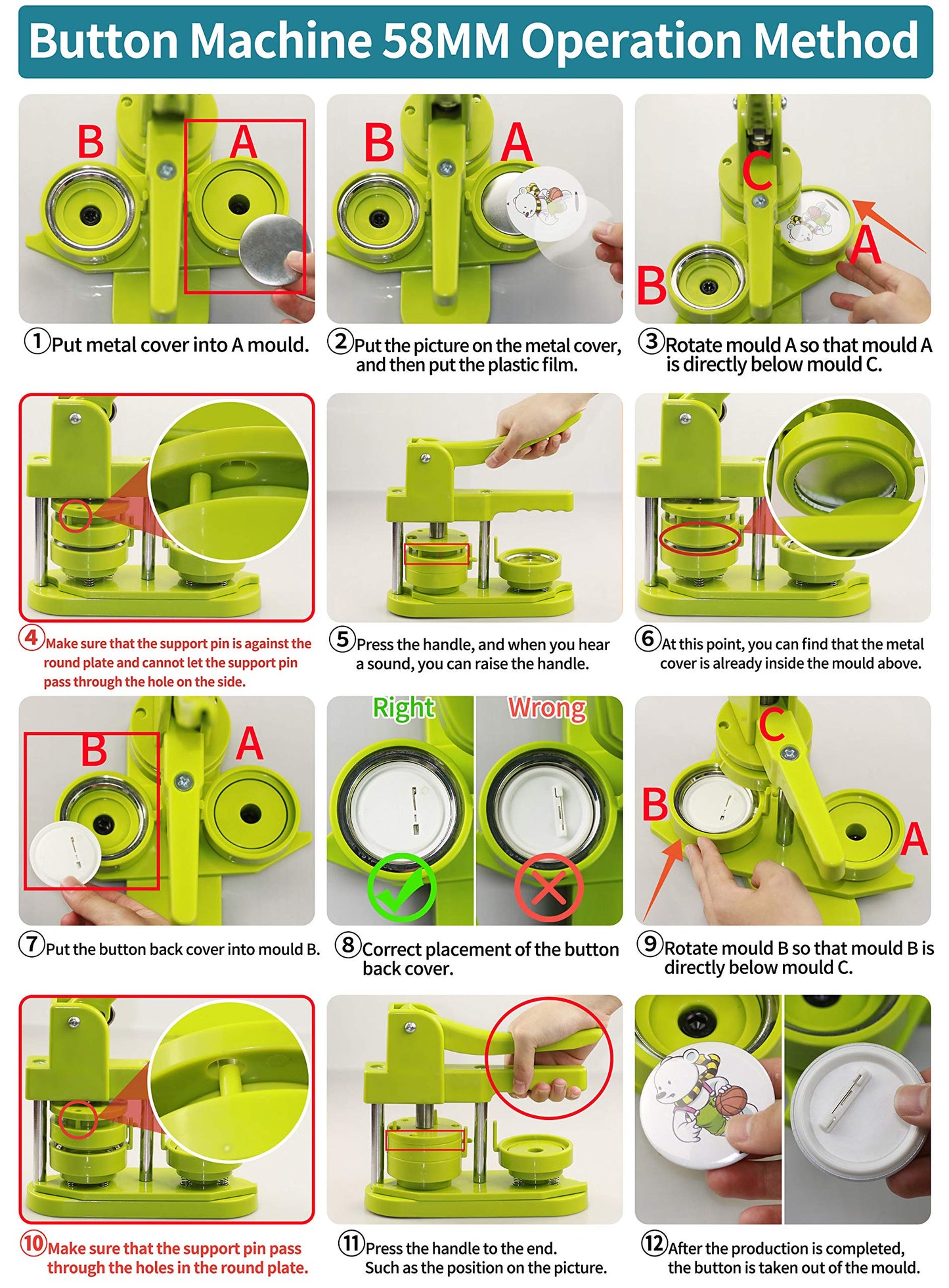 Button Maker Machine 58mm - (3rd Gen) Installation-Free 58mm(2.25in) DIY Pin Badge Button Maker Press Machine Badge Punch Press with Free 100pcs Button Parts&Pictures&Circle Cutter&Magic Book