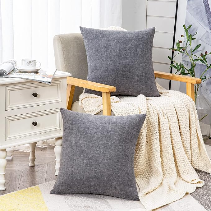 GAWAMAY Decorative Chenille Throw Pillow Covers 26x26 Inch Pack of 2, Soft Square Couch Pillow Cover for Sofa Cushion Living Room Bedroom Solid Dyed Oversized Pillowcases Grey 66x66cm (ONLY Covers)