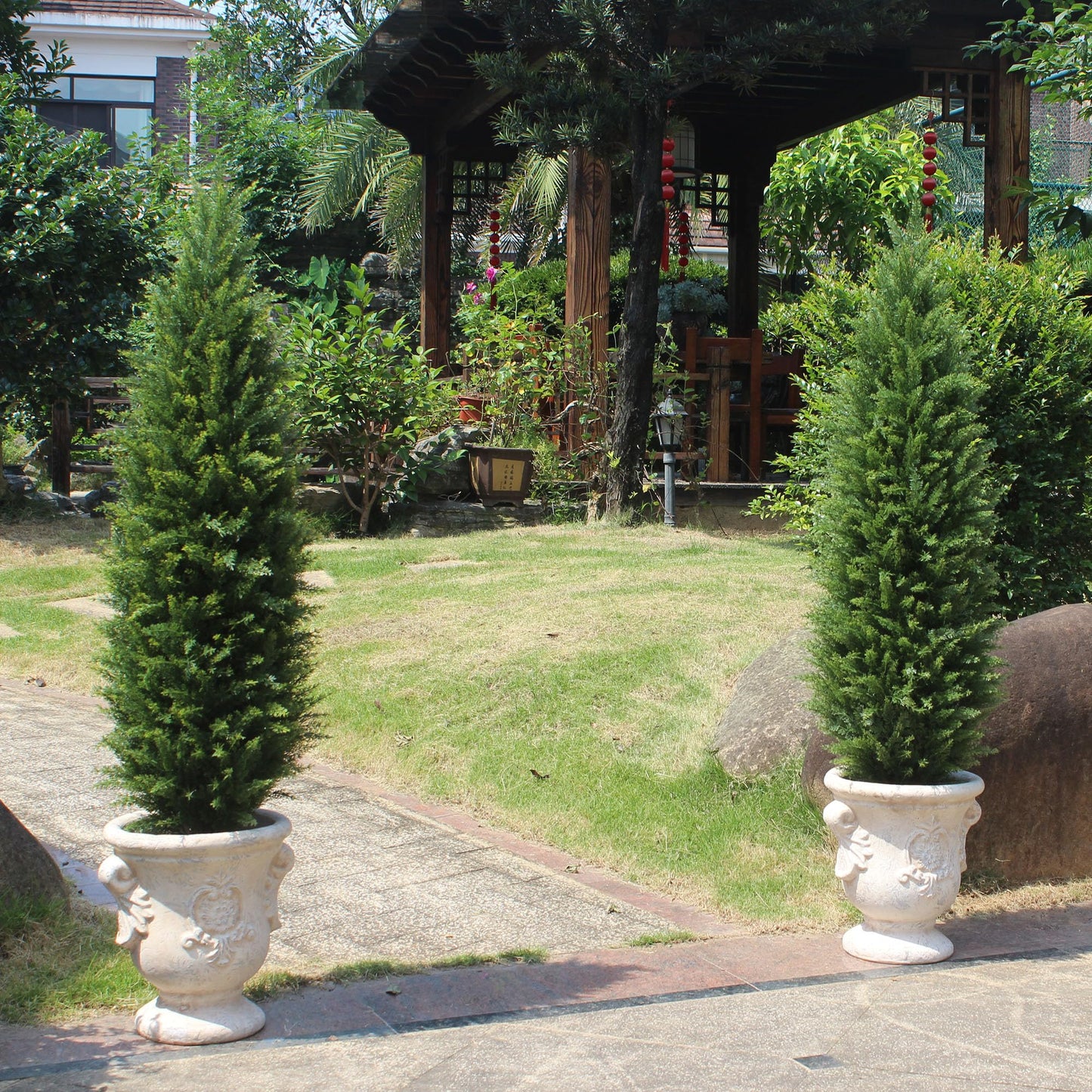 4FT Artificial Cedar Topiary Trees UV Resistant Potted Plant Set of 2 Faux Pine Trees Fake Shrubs Artificial Plants for Front Porch Garden Indoor Outdoor