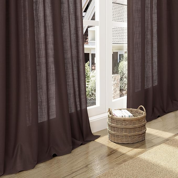 Coffee Linen Curtains 102 Inches Long for Living Room 2 Panel Set Back Tab Rod Pocket Semi Sheer Curtains Light Filtering Burlap Extra Long Drapes Neutral Farmhouse Decor for High Window 52x102