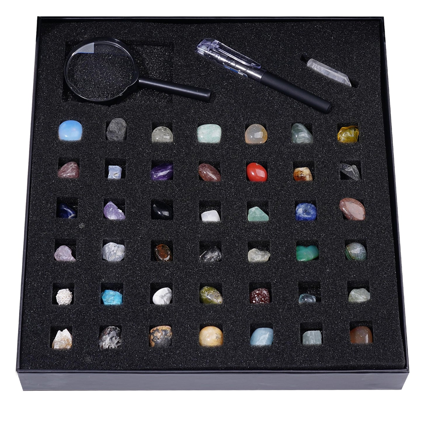 Natural Crystal Mineral Collection Kit - 43 Pcs Natural Rocks & Gemstones with Magnifying Glass, Pen & Crystal Guidebook, Geoscience Starter Collection Set for Kids & Adults Rock Enthusiasts