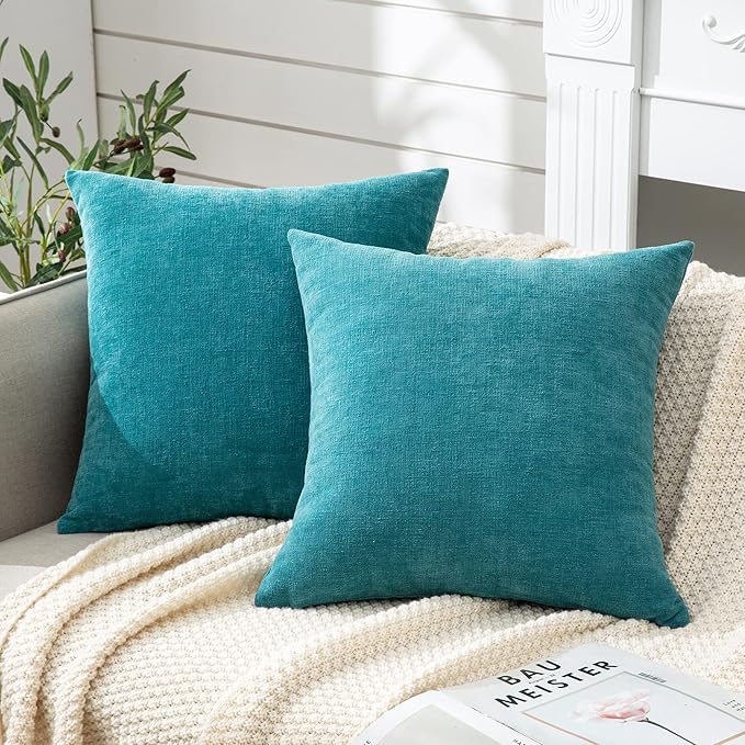 GAWAMAY Decorative Square Throw Pillow Covers 18"x18" Inch Set of 2, Super Soft Chenille Pillows Cover Fall Pillowcase for Living Room Bedroom Sofa Couch Cushion Cover Teal 45x45cm (No Insert)