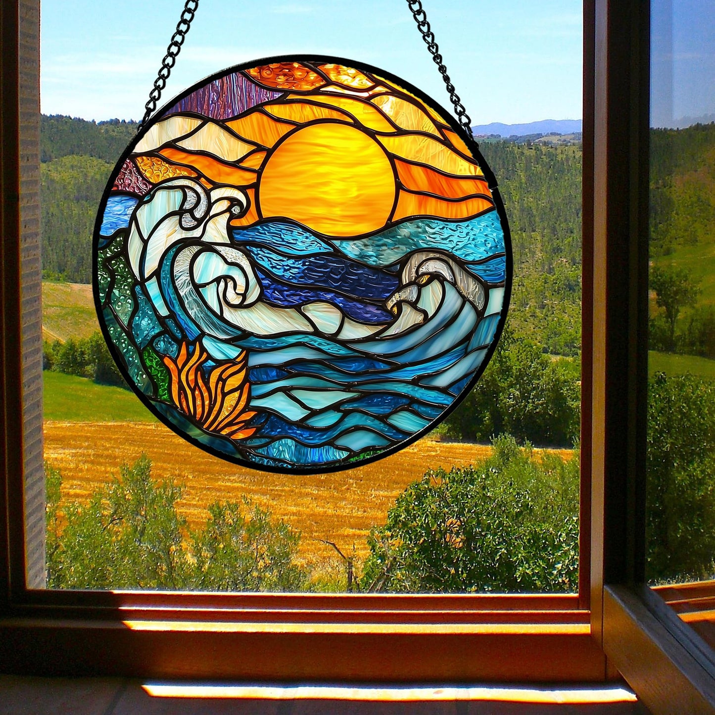JOSUMALY Stained Glass Window Hanging, Orange Sun Blue Sea Waves Landscape Suncatcher for Doors Window Home Sun Catchers Decor Mother's Day Birthday Gifts for Women, Men Mom 9.8 in