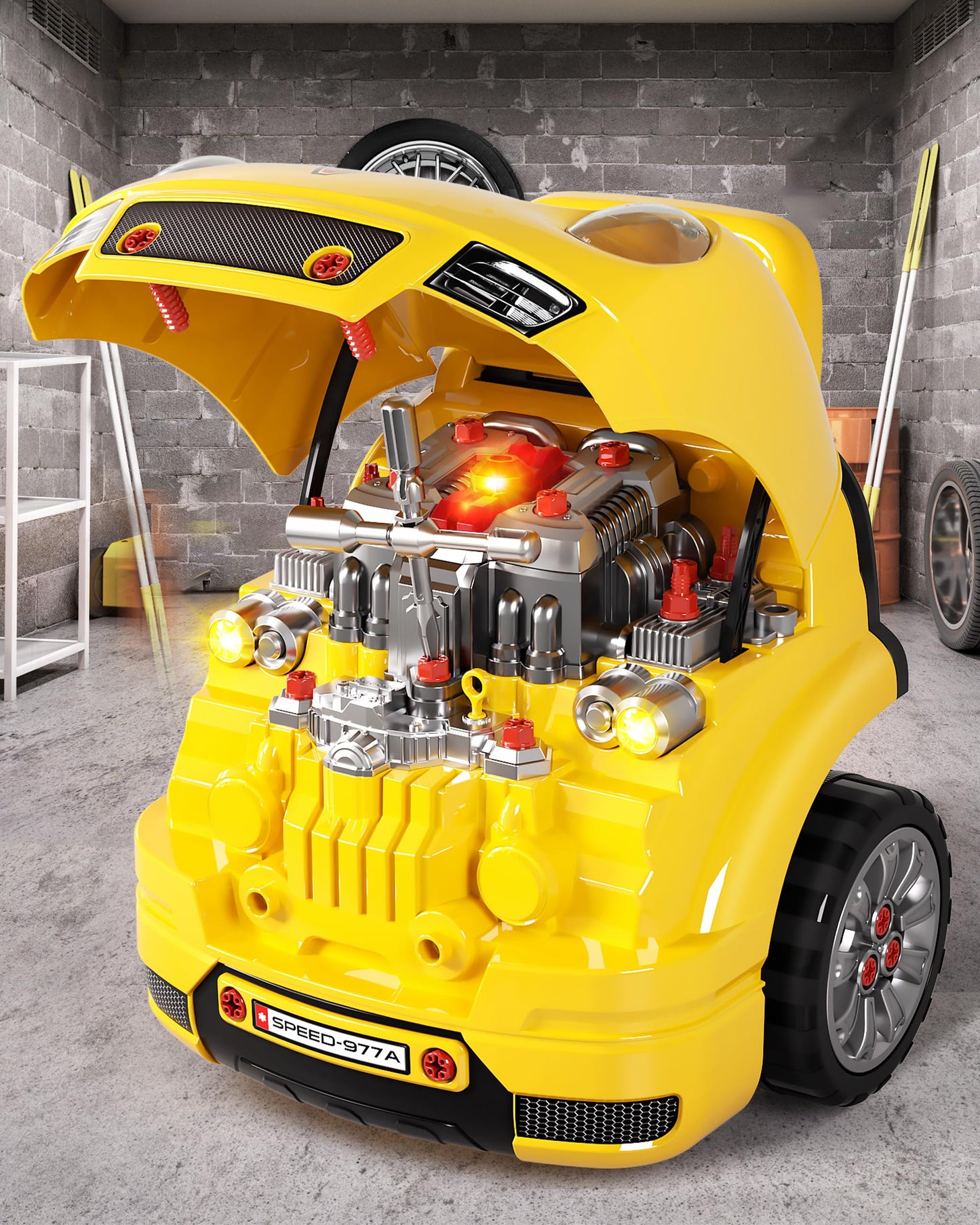 Deejoy Large Truck Builder Kit for Toddlers 3-5, Kids Mechanic Workshop Set with Light and Sound, Removable Engine, Yellow, 15.3x18.7inch