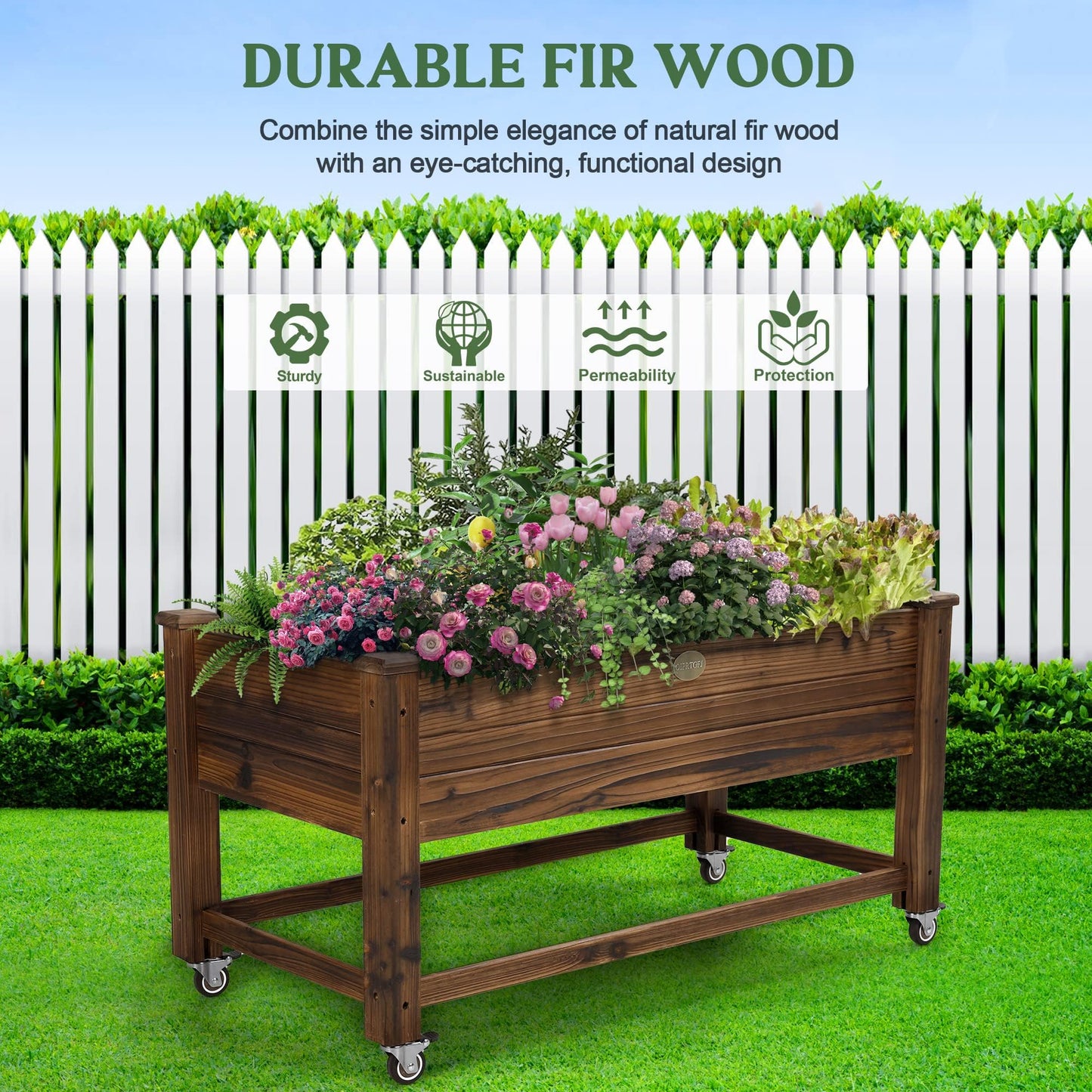 OIPRTGFJ Cedar Wood Outdoor Raised Garden Bed Planter Box with Locking Wheels, 41x21x20 inch, Carbonization Color