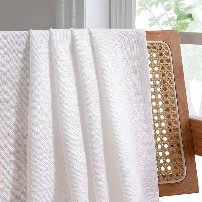 Chyhomenyc White Faux Linen Slub Textured Semi Sheer Small Window Kitchen Valance Curtain, Rod Pocket Cafe Valance for Bathroom Laundry Basement, 30Wx14L inch, 2 Piece