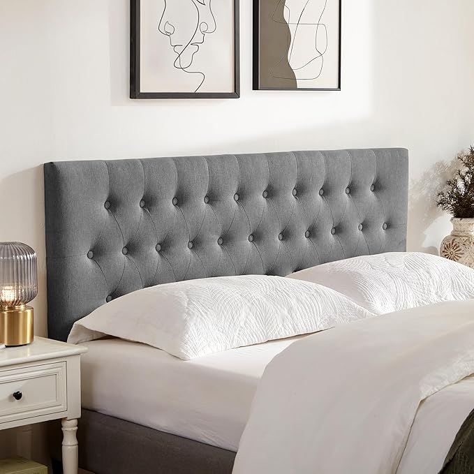 Tufted Upholstered Headboard King Size, Solid Wood Head Board with Durable Metal Legs, Adjustable Height Bed headboard from 37” to 51” Fabric Headboard in Modern Button Design, Grey
