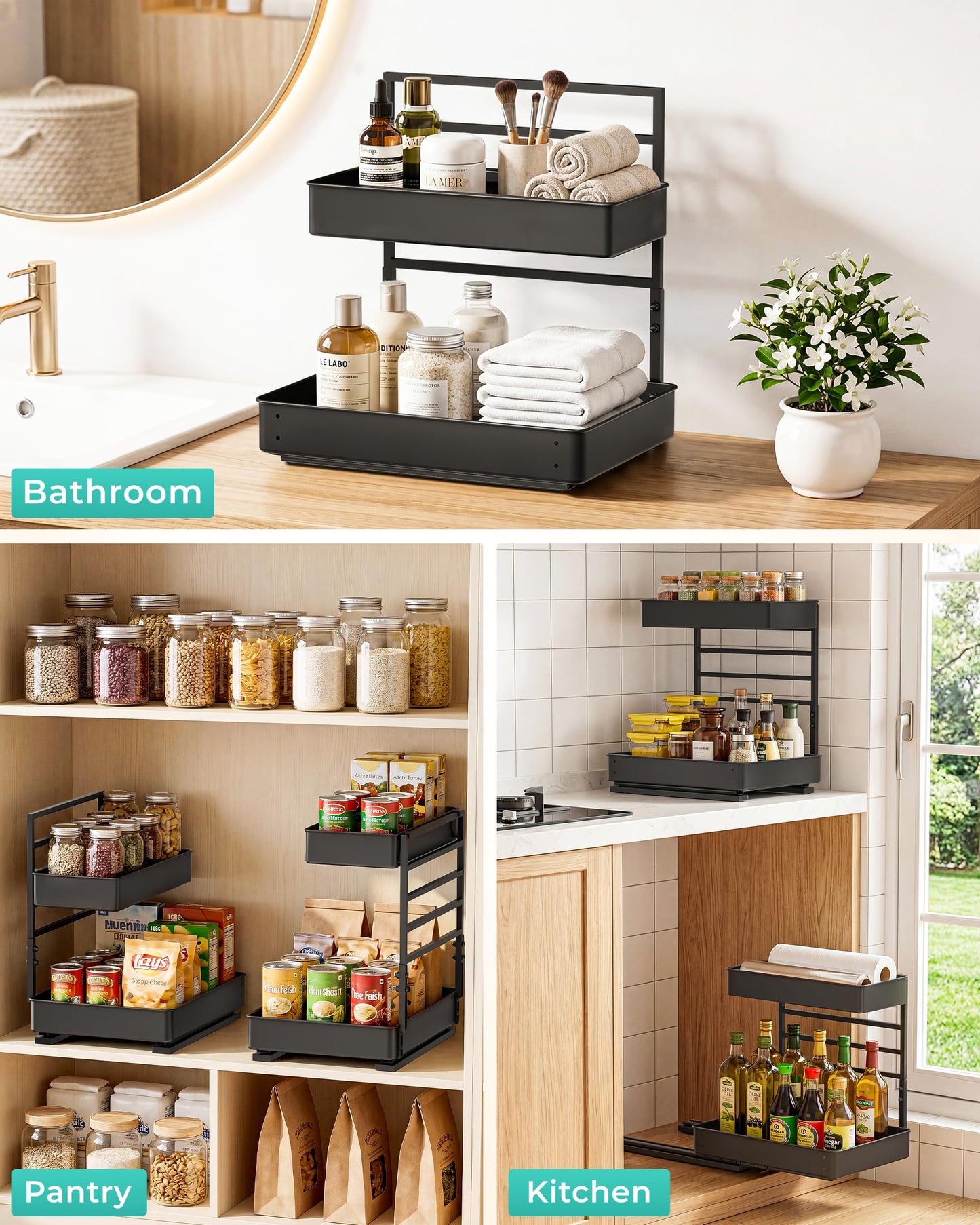 EVERIE Height Adjustable 2 Tier Metal Pull Out Slide Shelf Organizer for Under Sink Cabinets in Kitchen, Bathroom, with Snap-on Top Tray, 16" Deep (Black, 2 Sets)
