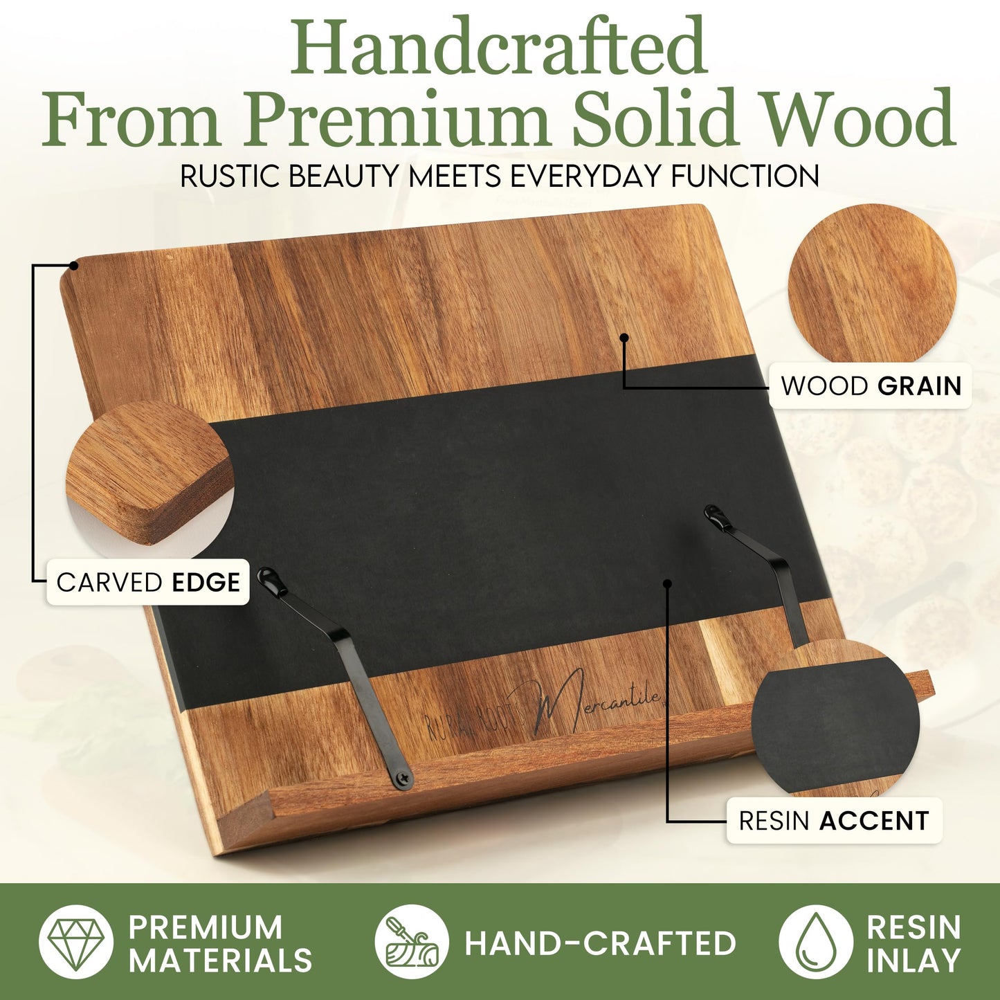 Cookbook Stand for Kitchen Counter – Adjustable Wood Book Holder with Resin Accent, Rustic Recipe Book Stand with Secure Page Grips, Compatible with Cookbooks & Tablets