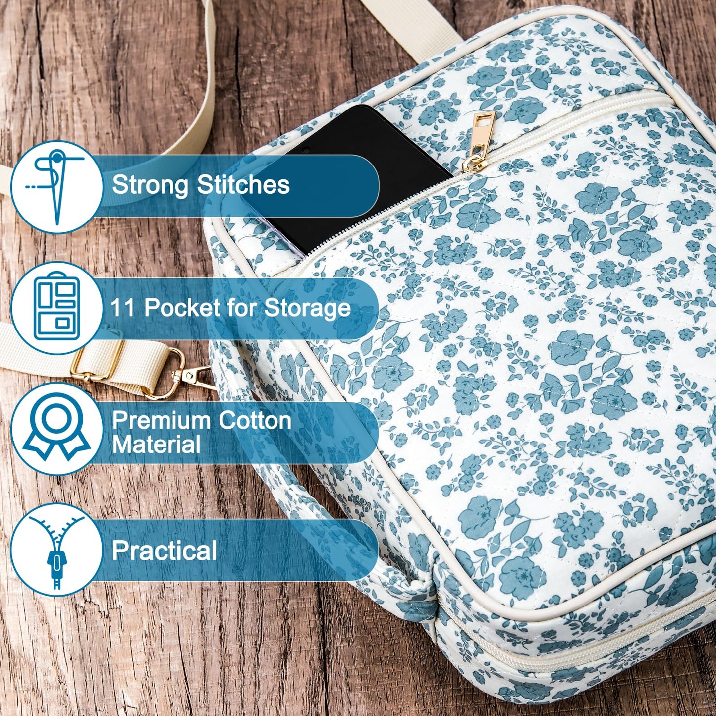 SelfTek Bible Cover Case for Women - Large Quilted Bible Cases for Woman Organizer with Handle & Shoulder Strap, Bible Study Supplies Accessories Christian Gifts (Blue)