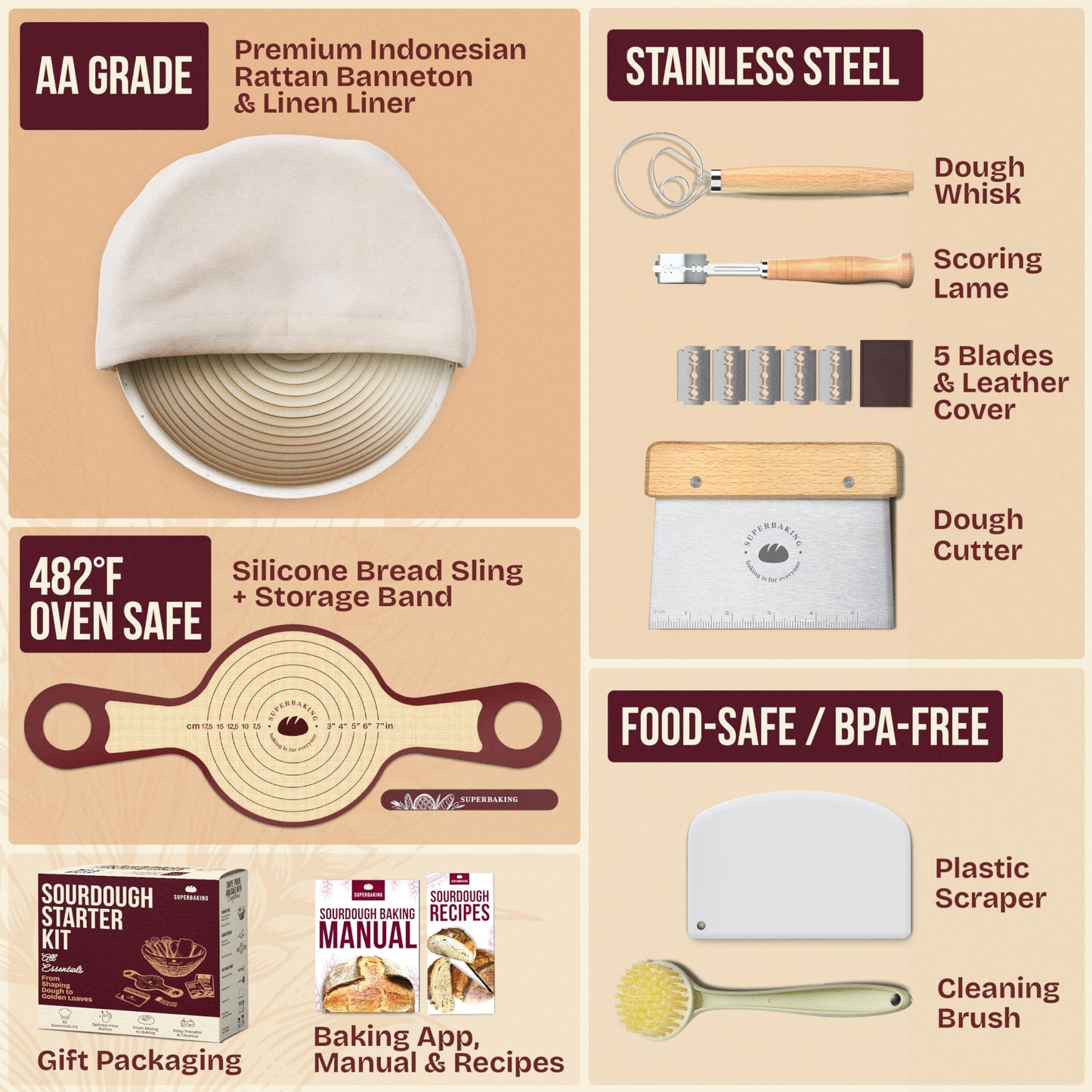 Superbaking Sourdough Starter Kit, 9" Round Banneton Bread Proofing Basket Set, Sourdough Bread Baking Supplies, Sourdough Tools with Silicone Bread Sling, Bread Making Tools, Baking Gifts