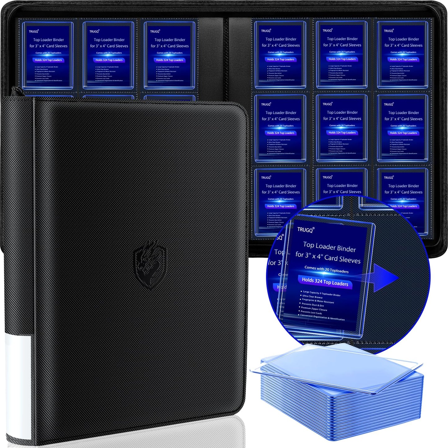 TRUGQ Toploader Binder Holds 324 Toploaders - 20 Toploaders|Waterproof PU Leather + Anti-Yellowing PP Inserts | Ridge Tab Sorting Portable top loader binder for cards(For Sports/Game Cards)
