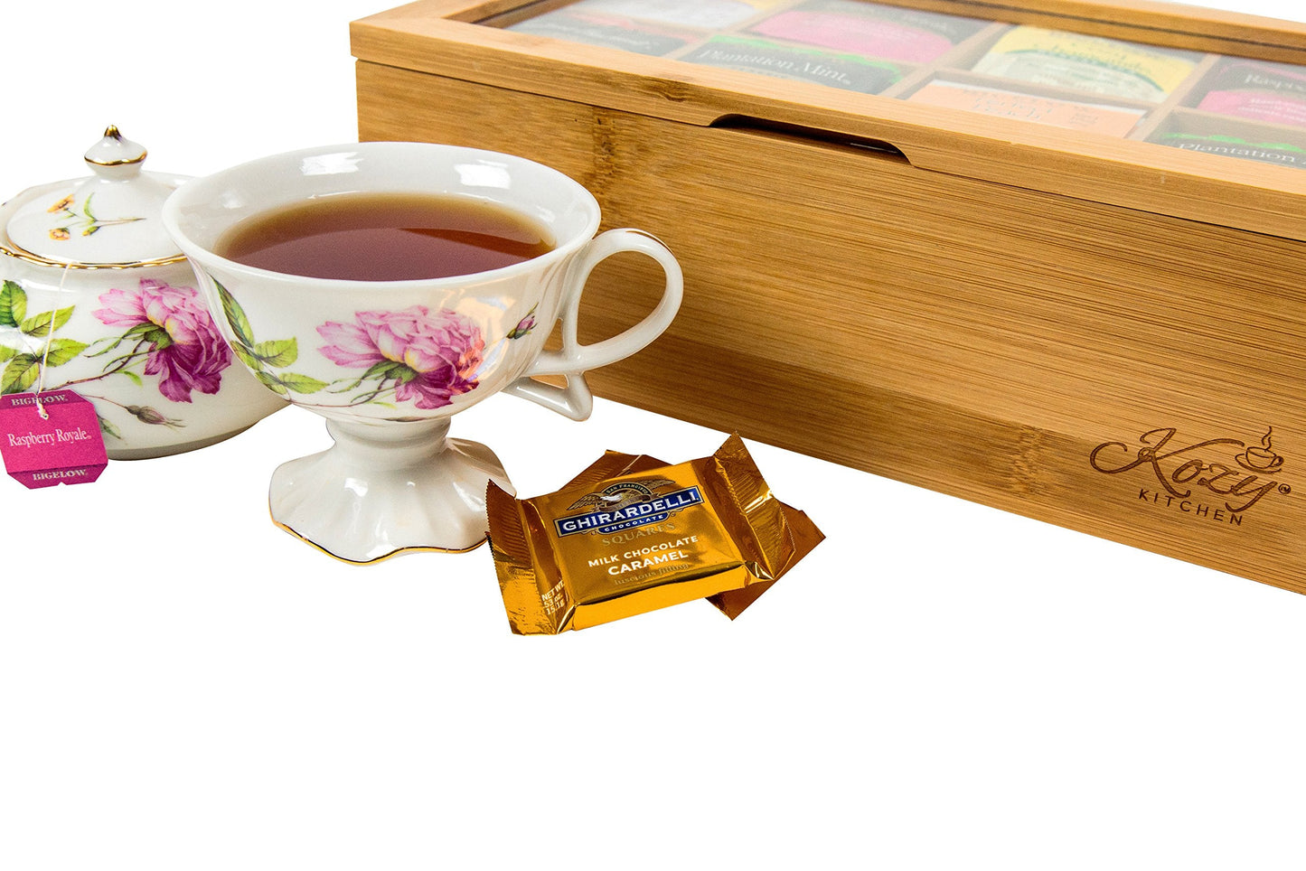 Kozy Kitchen Bamboo Tea Box Storage Organizer, 100% Natural Wooden Finish Tea Bag Organizer 8 Storage Compartments and Clear Shatterproof Hinged Lid