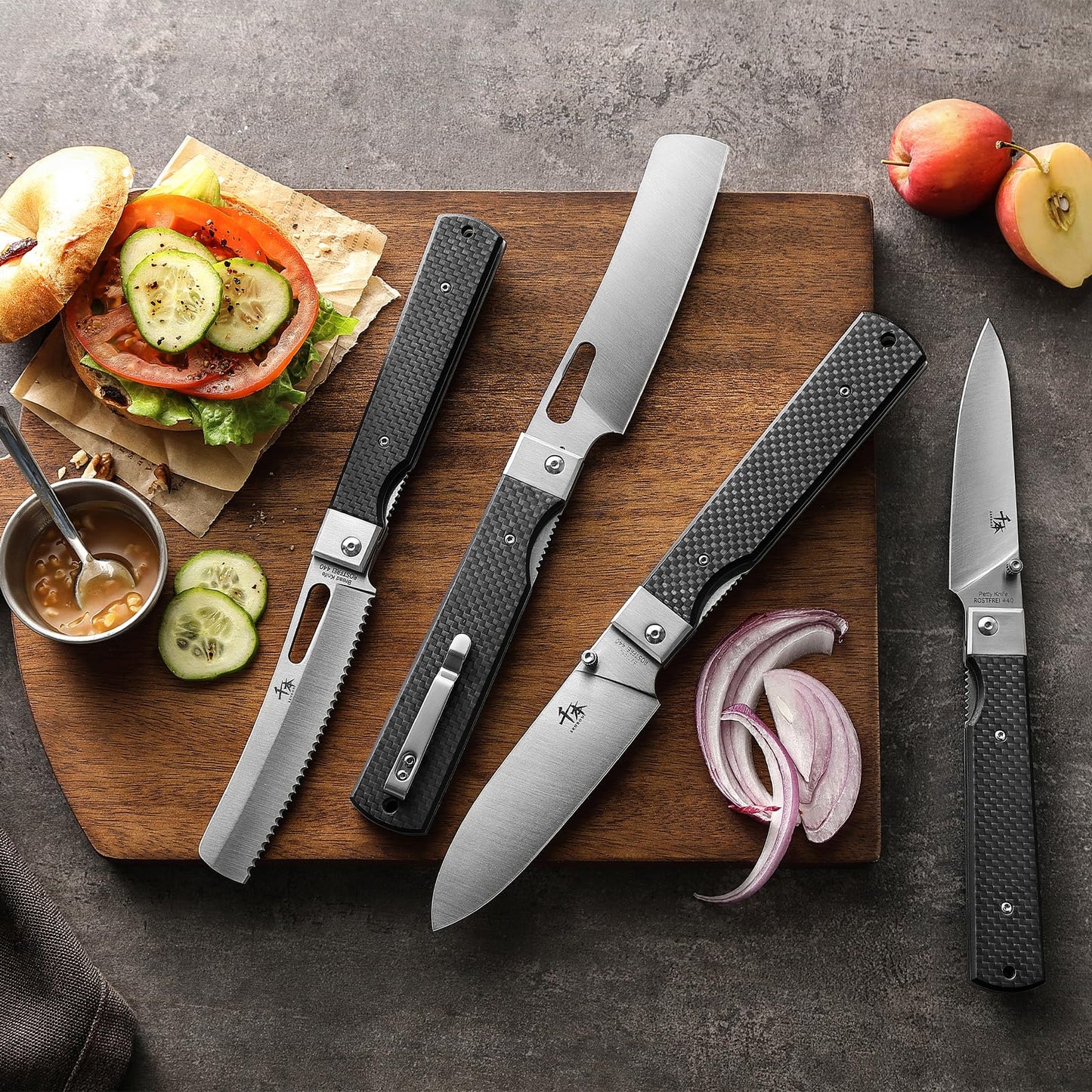 SENBON 440 stainless steel sharp set folding chef knife fruit knife carbon fiber handle camping barbecue outdoor portable kitchen knife with back clip