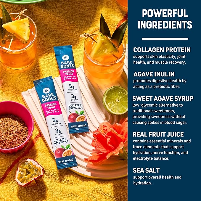 Bare Bones Passion Fruit Elevated Drink Mix | Light & Flavorful | Gluten-Free & Naturally Sweetened | On-the-Go Stick Single-Serve Packs Powdered Refreshment | 5g Protein | 16 Packets (.60 oz)