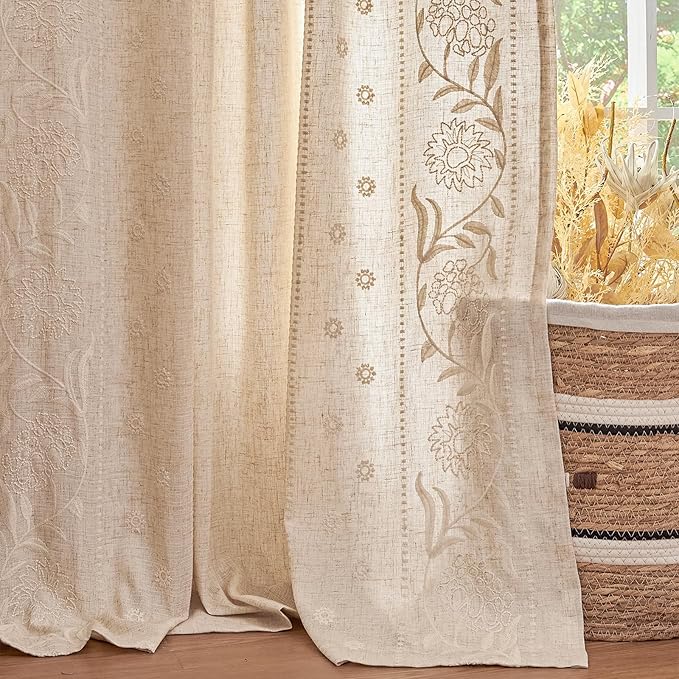 jinchan Winslow Lined Linen Curtains for Bedroom 63 Inches Linen Blended Embroidered Bordered Floral Curtains for Living Room Farmhouse Decor Window Treatments Ivory on Beige Drapes 2 Panels