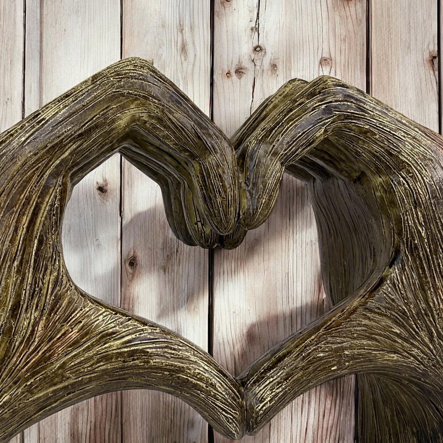 Top Brass Large Rustic Heart Hands Sculpture, 9 3/4” Resin Love Statue – Romantic Decor Accent for Shelf or Mantel – Perfect for Wedding, Valentine's Day or Anniversary (Rustic Wood Grain)