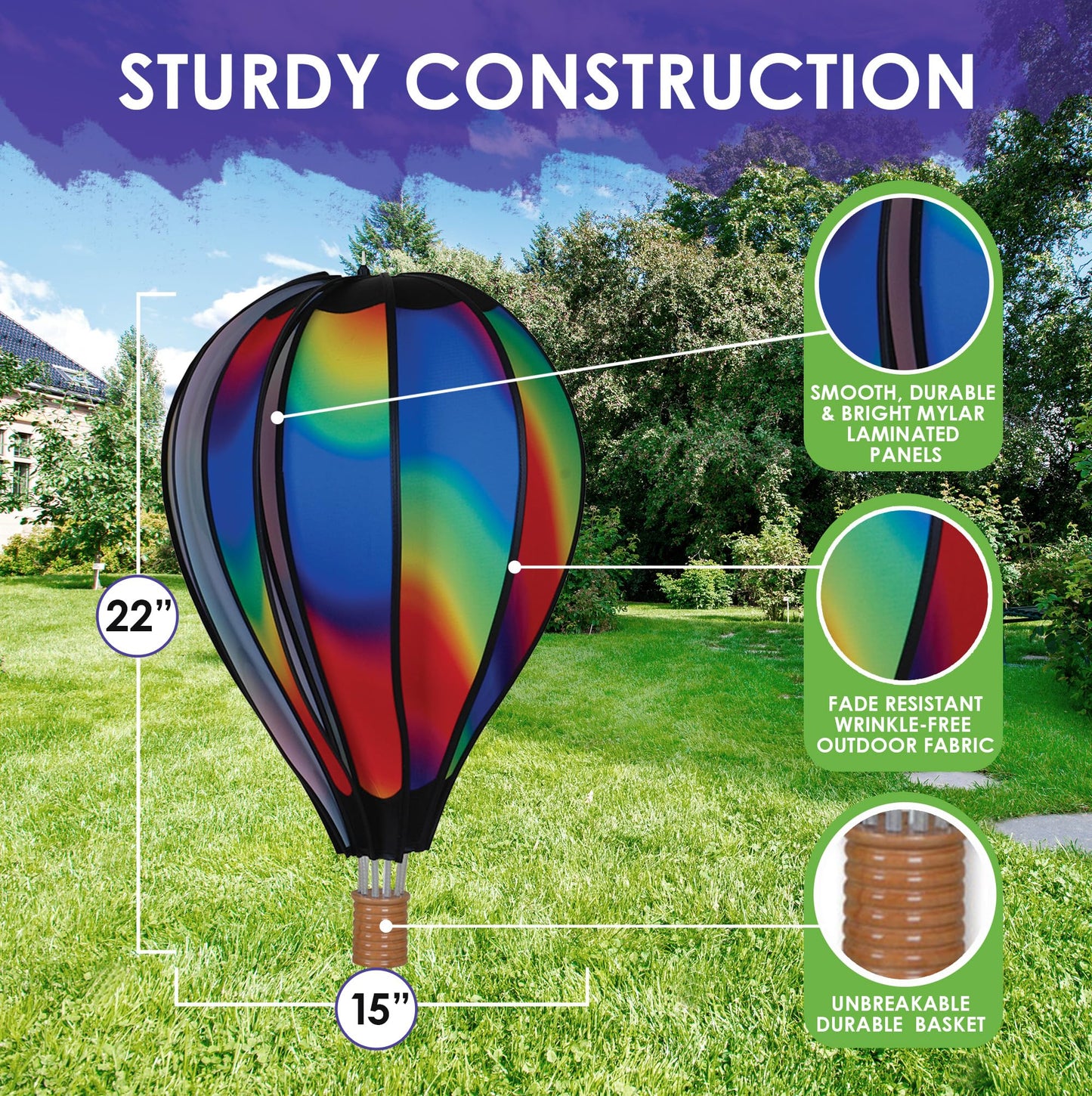 Hot Air Balloon Hanging Garden Spinner 22" - Vibrant Wavy Gradient Design, Weather-Resistant Outdoor Decor, Durable & Lightweight for Patios, Yards, and Gardens - Eye-Catching Wind Spinner