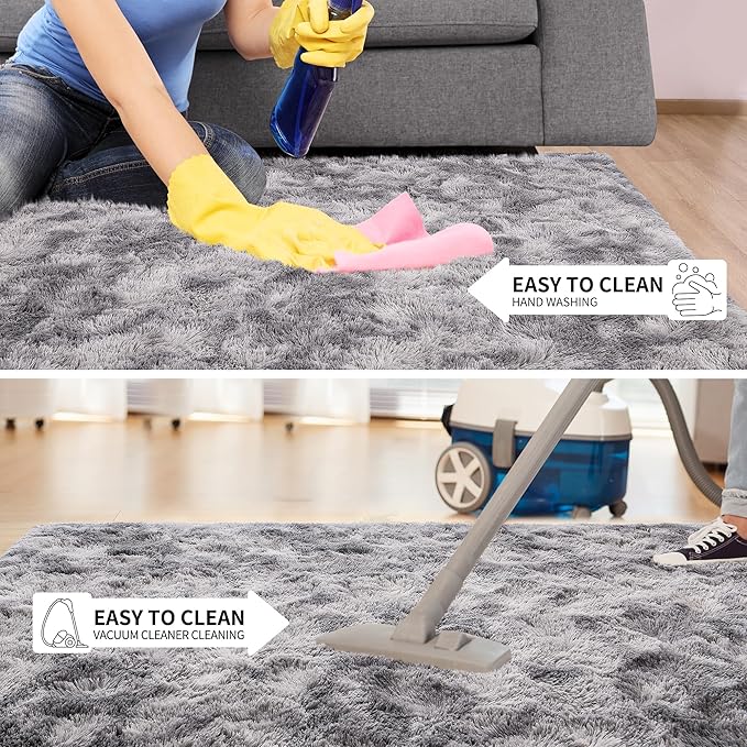 Tepook Area Rugs 10x14 for Living Room, Super Soft Fluffy Rugs for Bedroom, Modern Shaggy Rug Fuzzy Carpets for Kids, Plush Indoor Nursery Home Decor Rug with Non-Slip Bottom, Tie-Dyed Light Grey