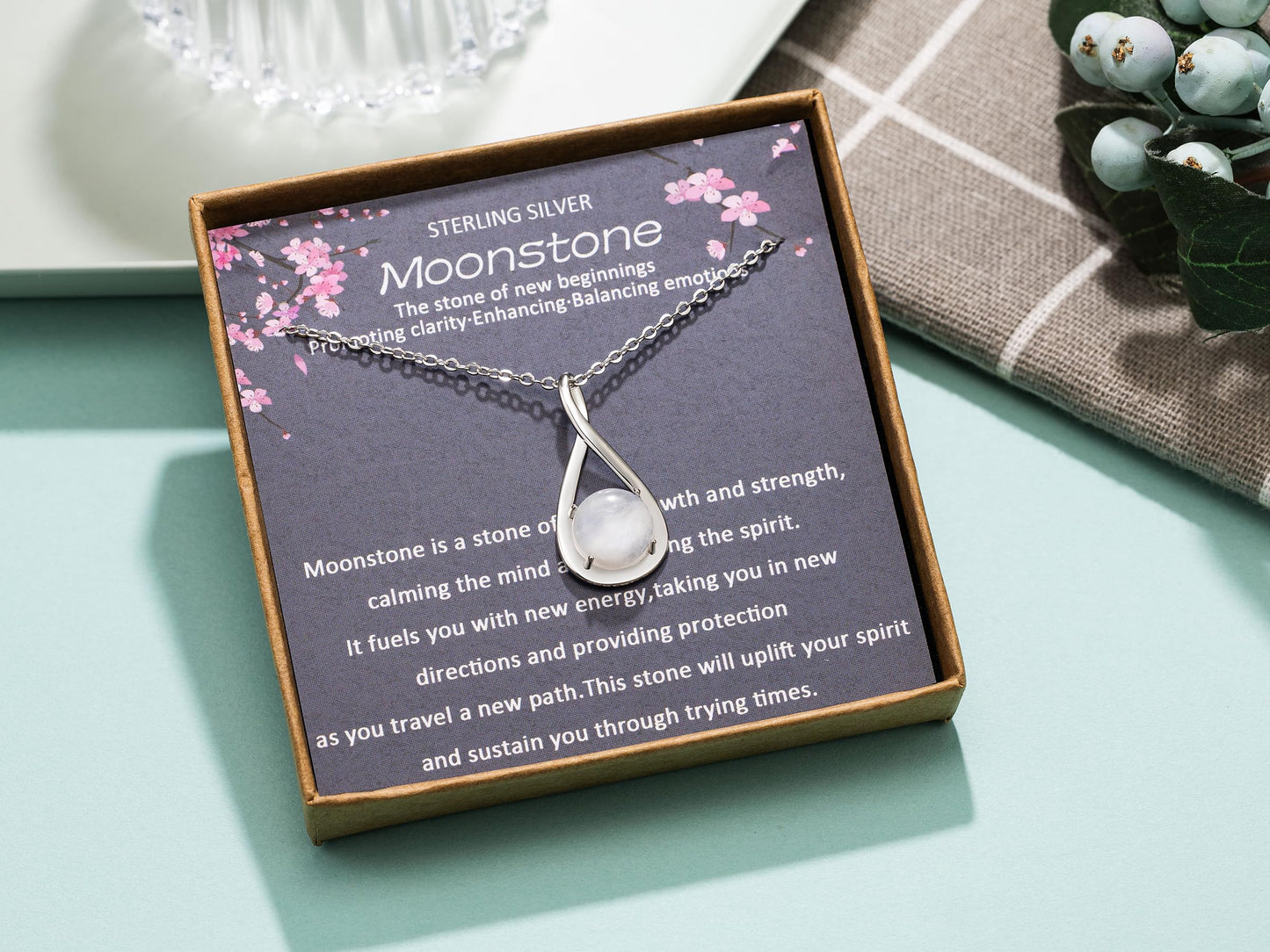 MILEPOSTJEW Sterling Silver Moonstone Necklace, Infinity Pendant with Chain, New Beginnings Gift with White Sage