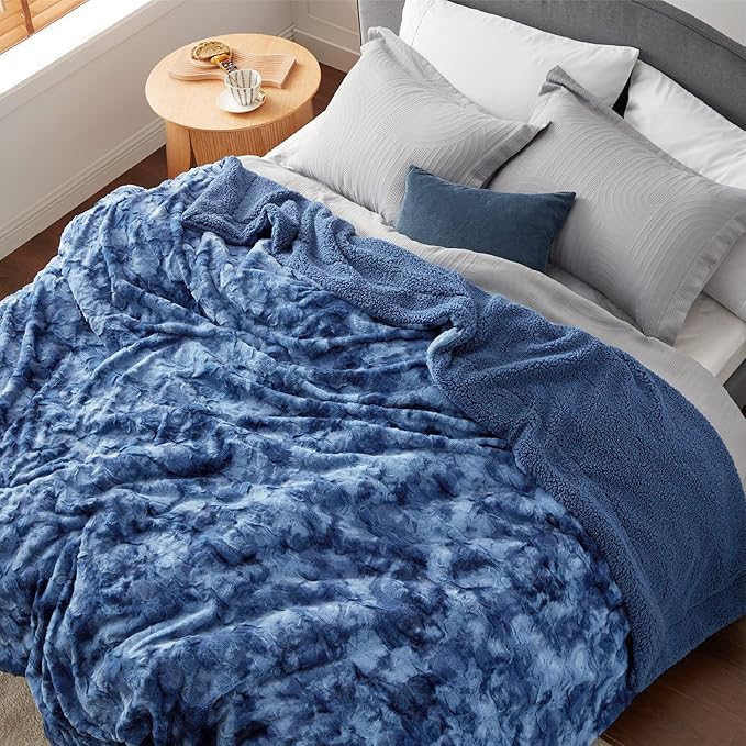 Bedsure Sherpa Blanket Queen Size - Soft, Fuzzy & Fluffy Faux Fur - Warm, Cozy Blanket for Couch, Sofa and Bed, Tie Dye Design, Indigo, 90x90 Inches