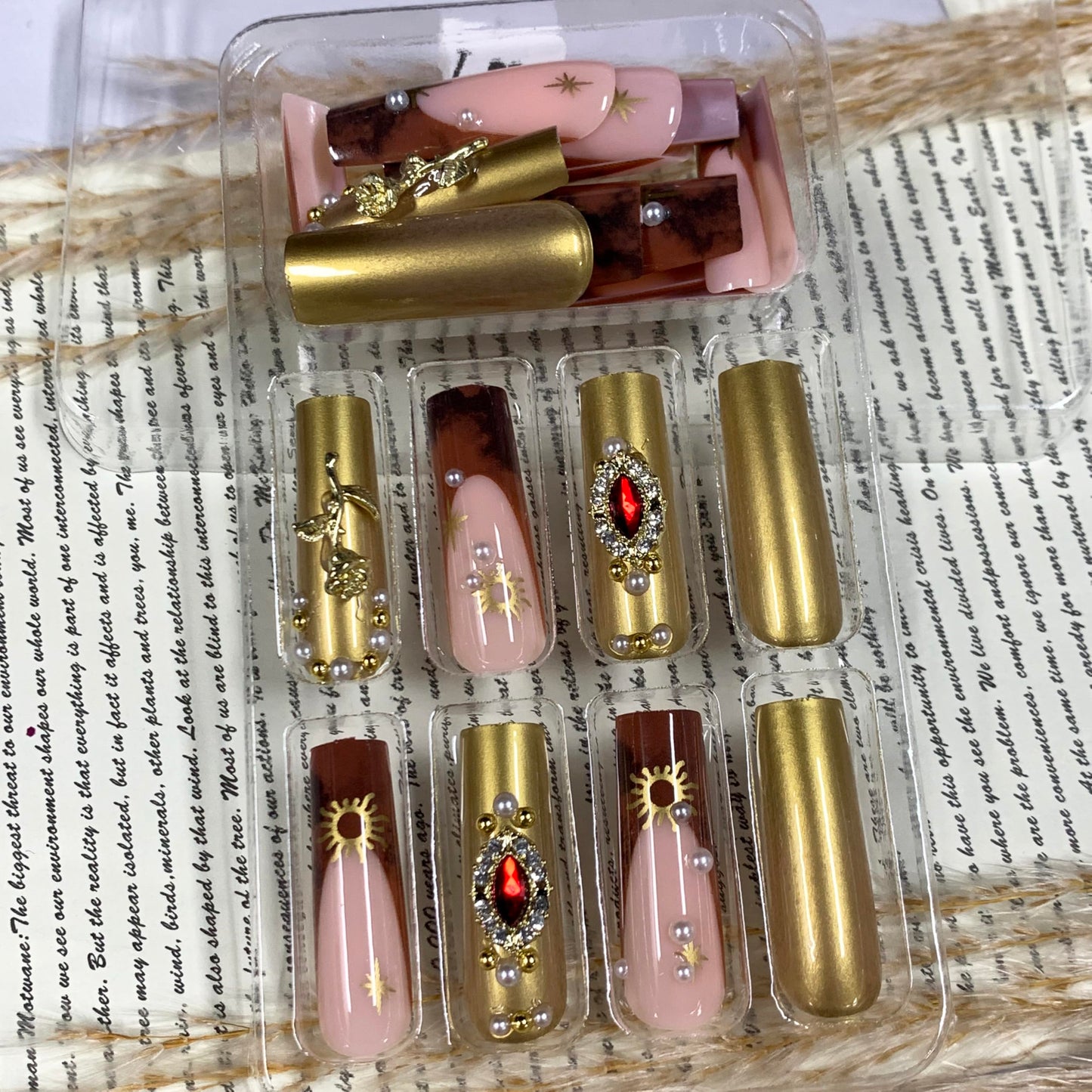BABALAL Baroque Press On Nails, Extra Long Square Fake Nails with Gold & Red Gem, Tortoiseshell Ombre Acrylic Stick On Nails for Women 24Pcs